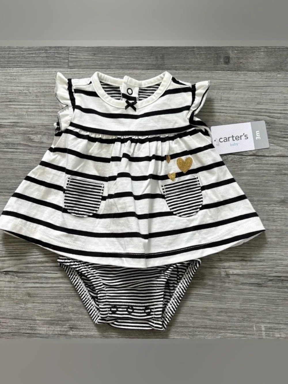 Carter's 3m Black & White Striped Dress with Gold Heart Accents (one piece) NWT